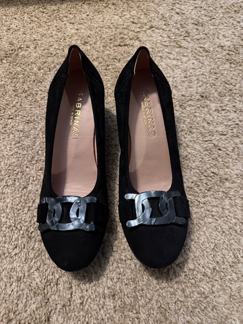 Sabrinas Black Suede Flats with Chain-Link Accent